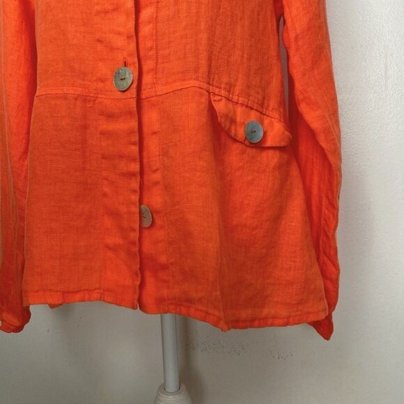 FLAX CORAL ORANGE LINEN LONG SLEEVE BUTTON DOWN TUNIC SHIRT - S - Picture 5 of 9